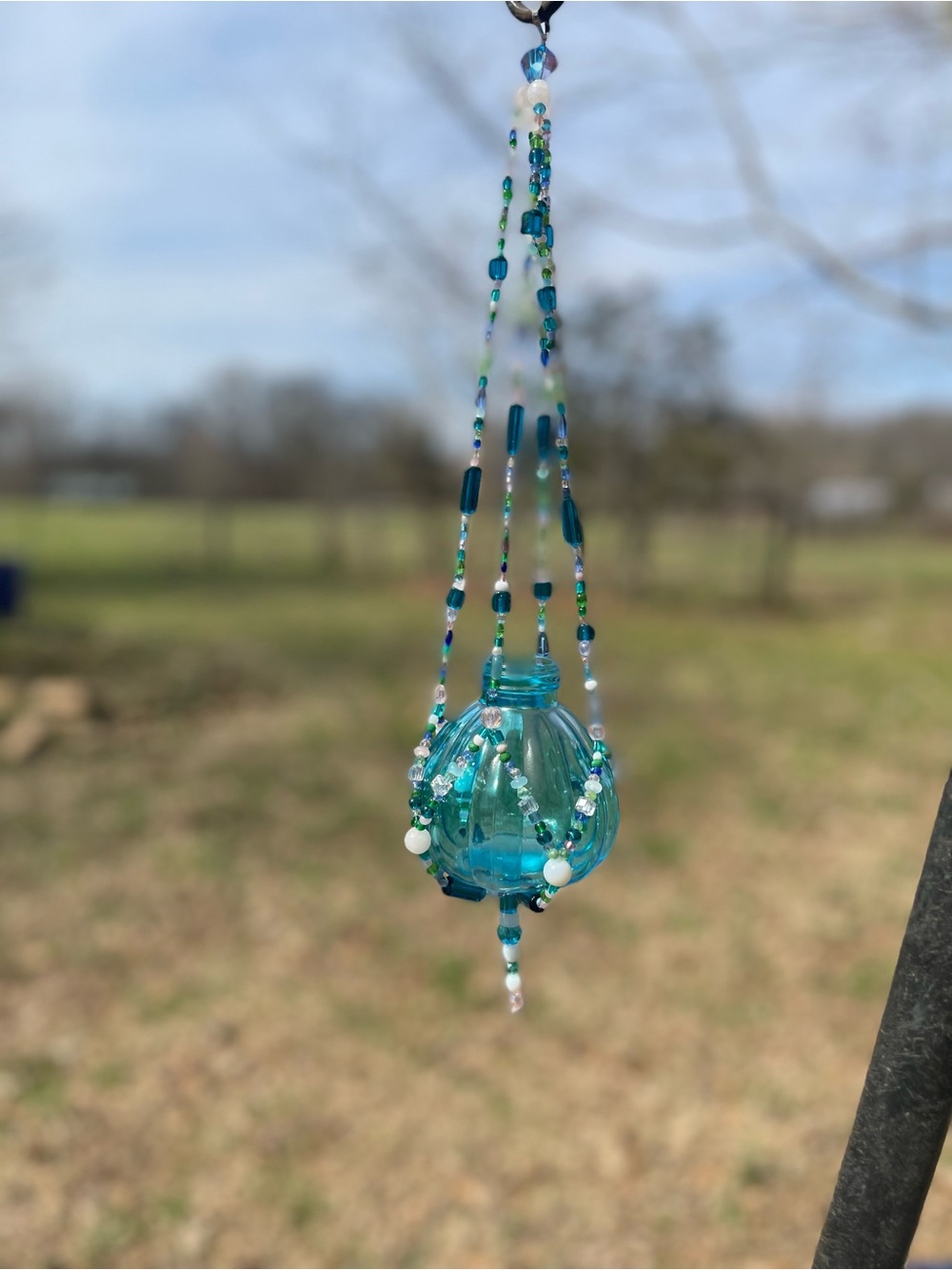 Handmade Beaded Blue Glass Propagation Hanger Boho Plant Decor Suncatcher Vase